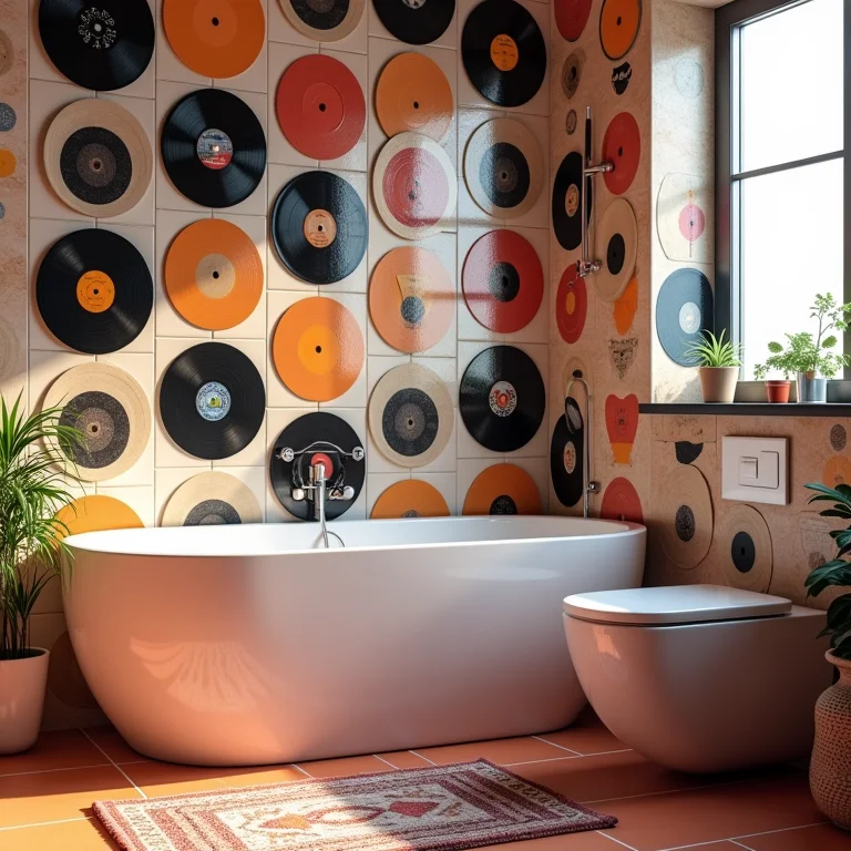 Adesivos de vinil decorando azulejos de banheiro com tema musical.