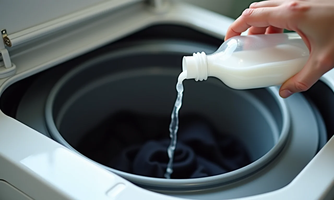 Adicionando vinagre branco na lavagem de roupas pretas.