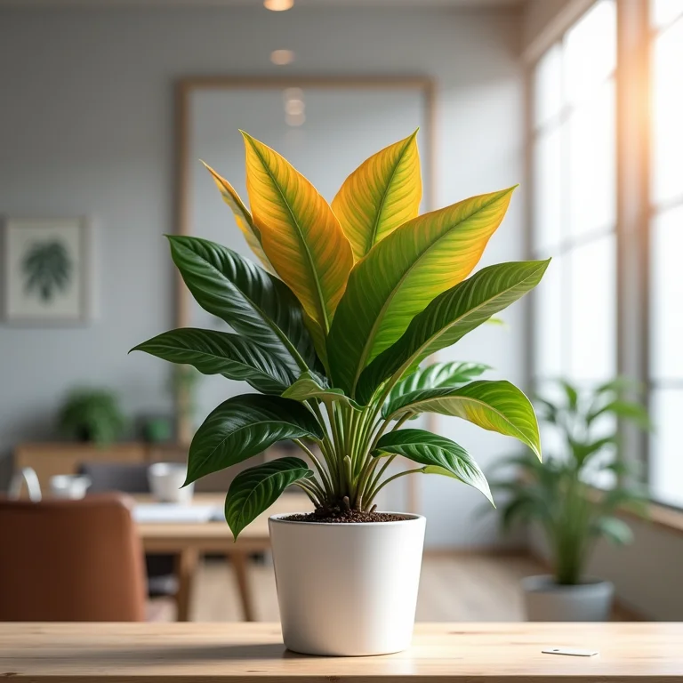 Aglaonema com folhas coloridas em prateleira de escritório
