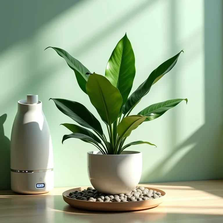 Aglaonema com umidificador e bandeja com água para aumentar a umidade