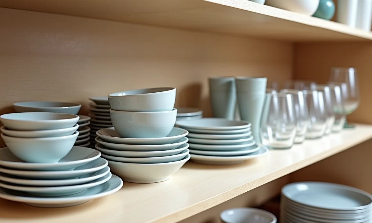 Agrupando pratos e copos por tipo e tamanho.