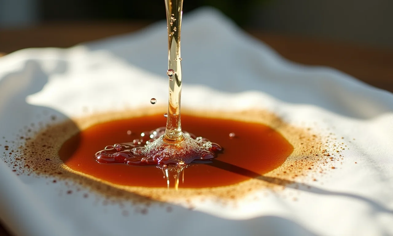 Água com gás sendo despejada em mancha de café em tecido.