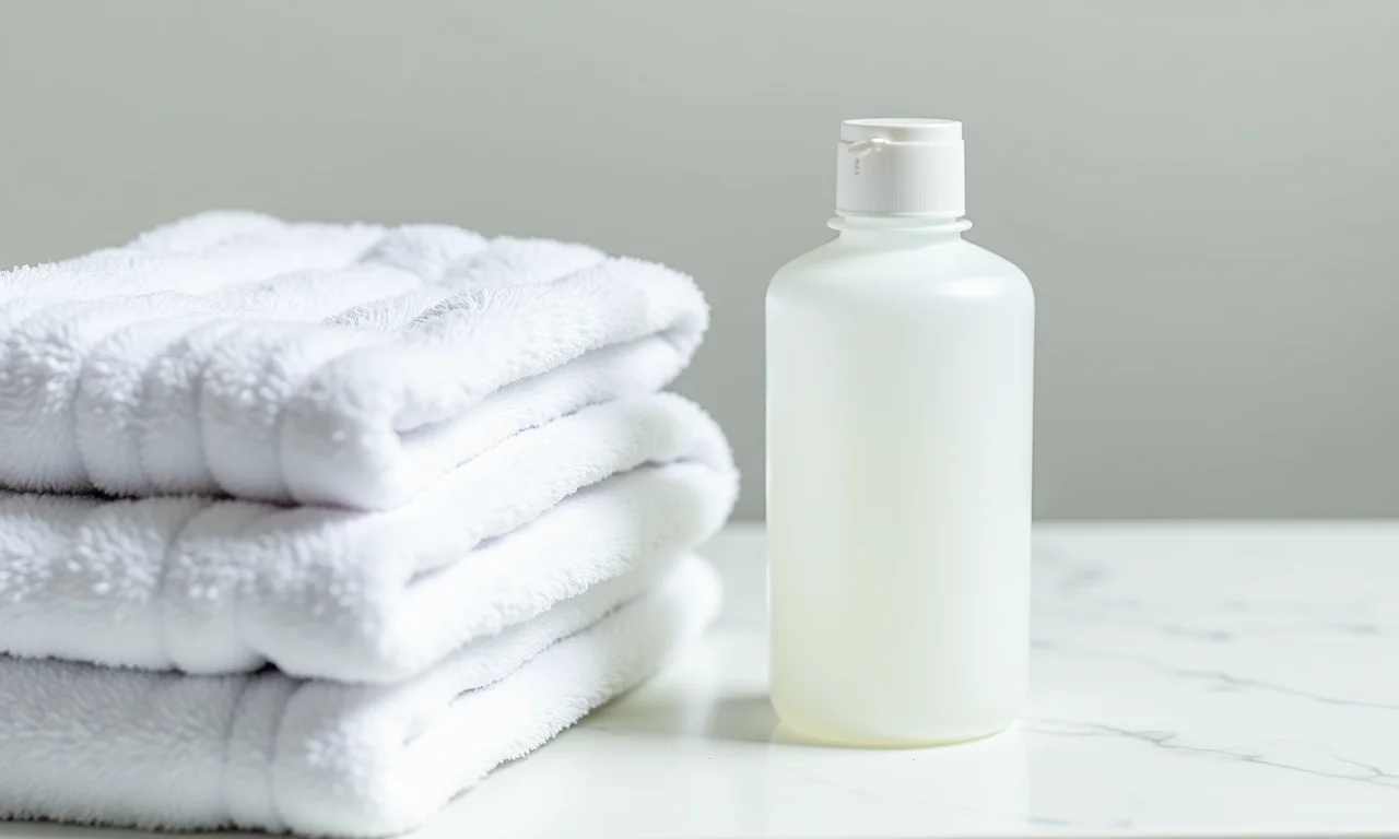 Água oxigenada vol. 10 ao lado de toalhas brancas dobradas.