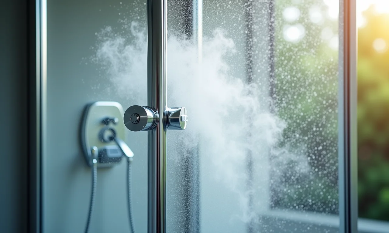 Água quente sob pressão removendo a sujeira do box sanfonado.