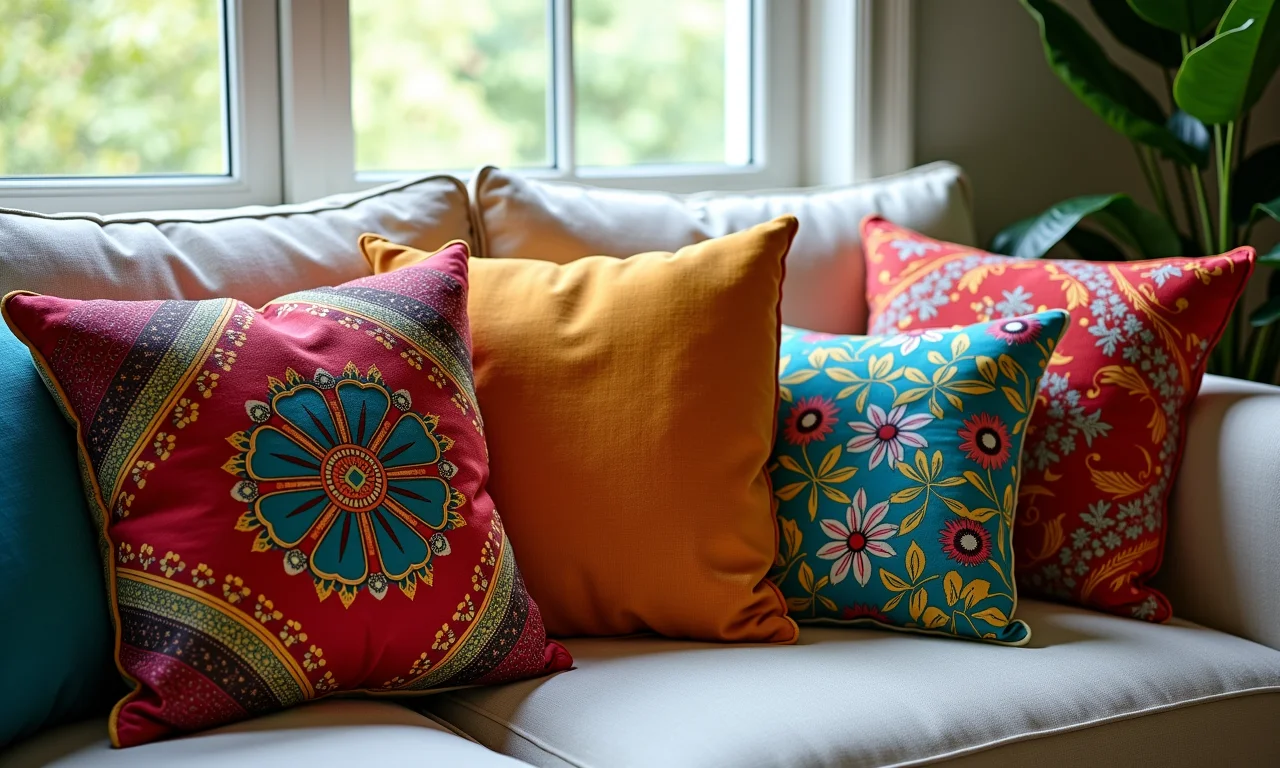 Almofadas customizadas com tecidos coloridos e estampas brasileiras sobre um sofá.