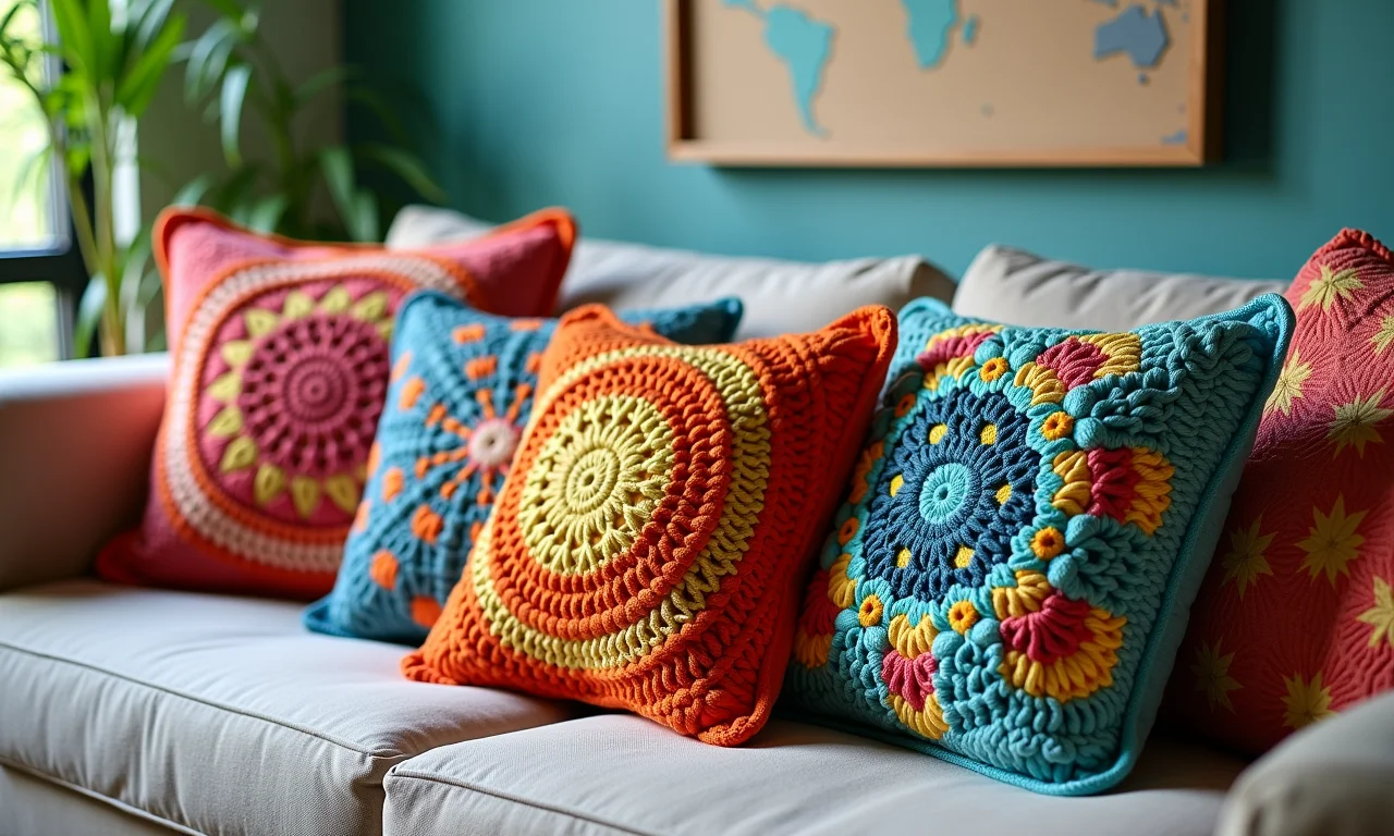 Almofadas de crochê, adicionando um toque artesanal à sala.
