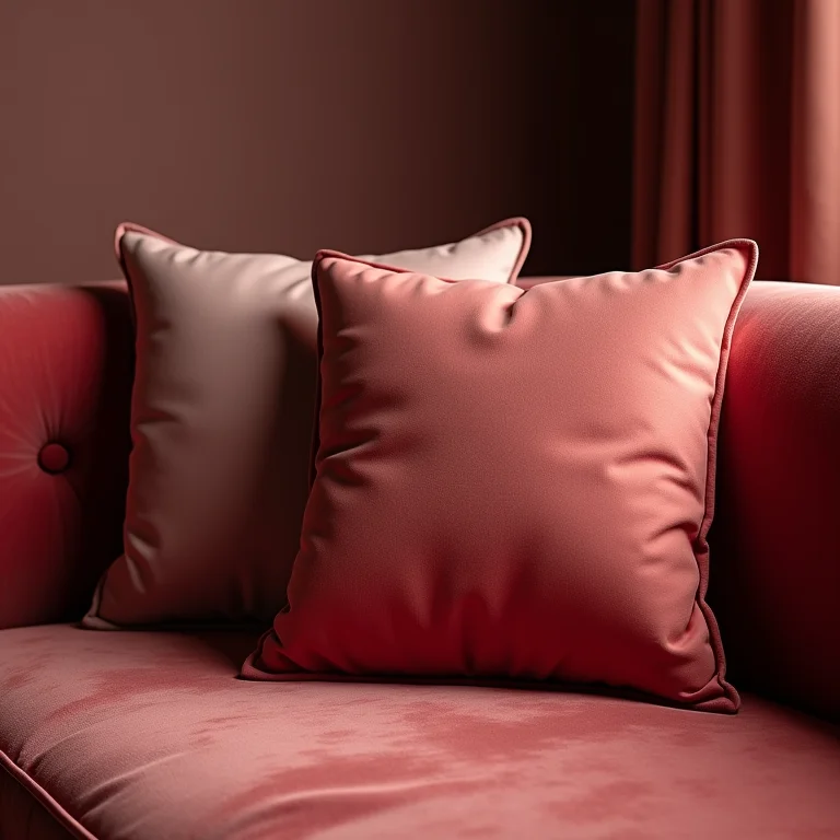 Almofadas de seda macias em um sofá de veludo.