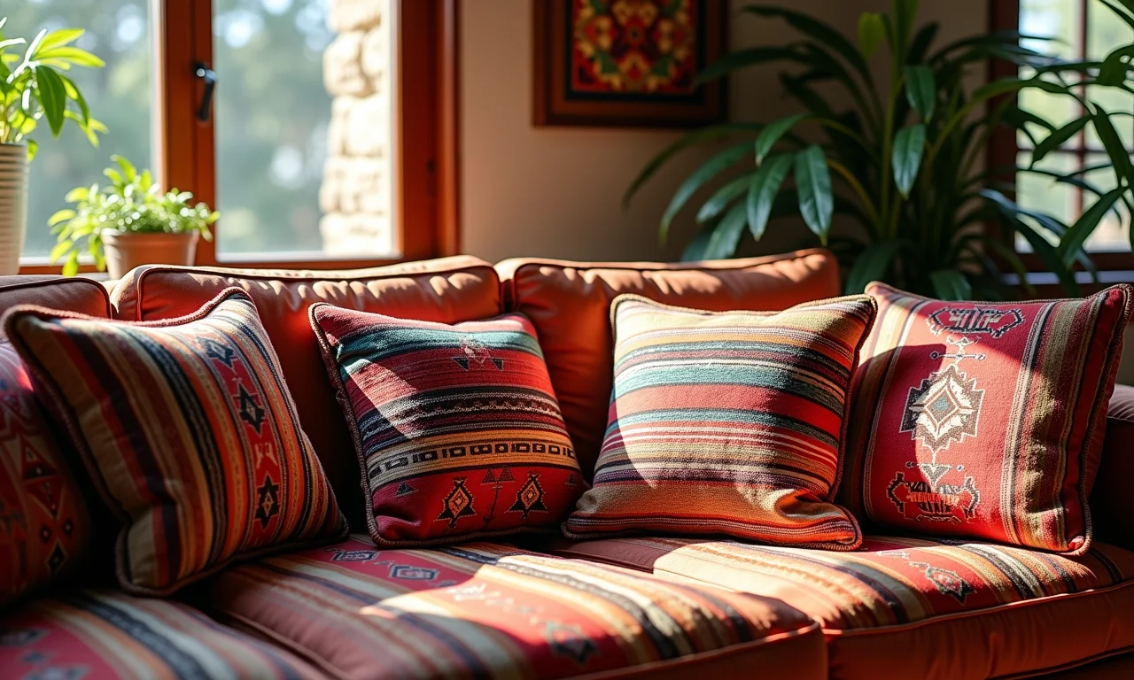 Almofadas étnicas da Casa Riachuelo em sofá boho