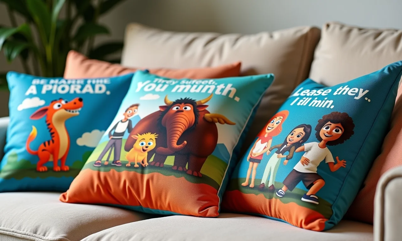 Almofadas temáticas com personagens e citações de filmes em um sofá confortável.