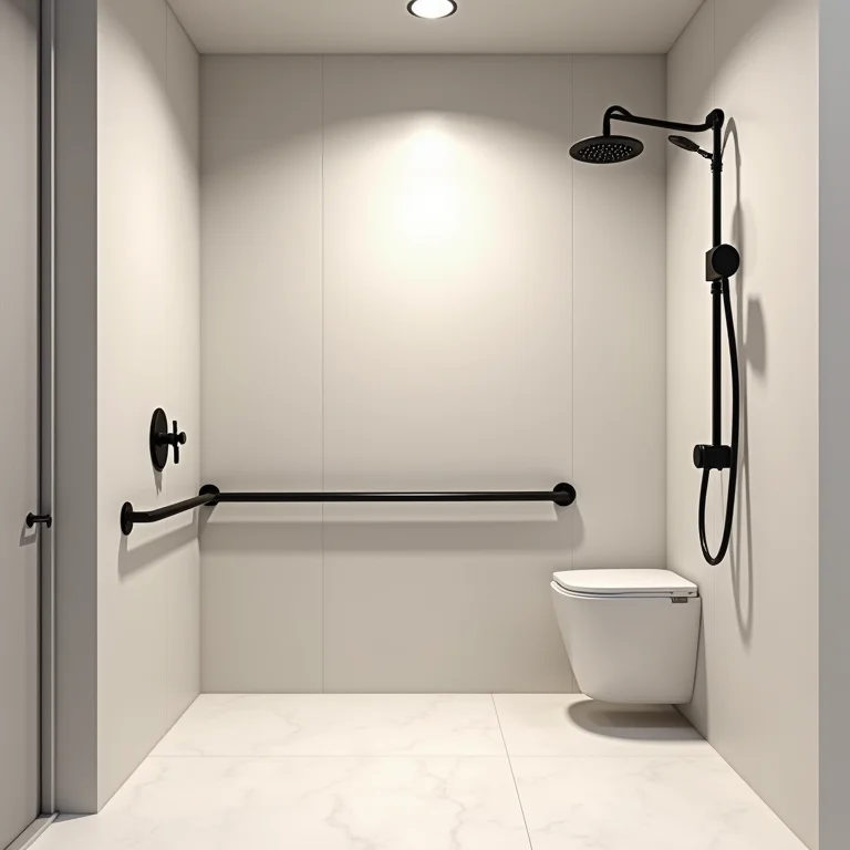 Altura ideal do chuveiro em um banheiro acessível, com controles fáceis de alcançar
