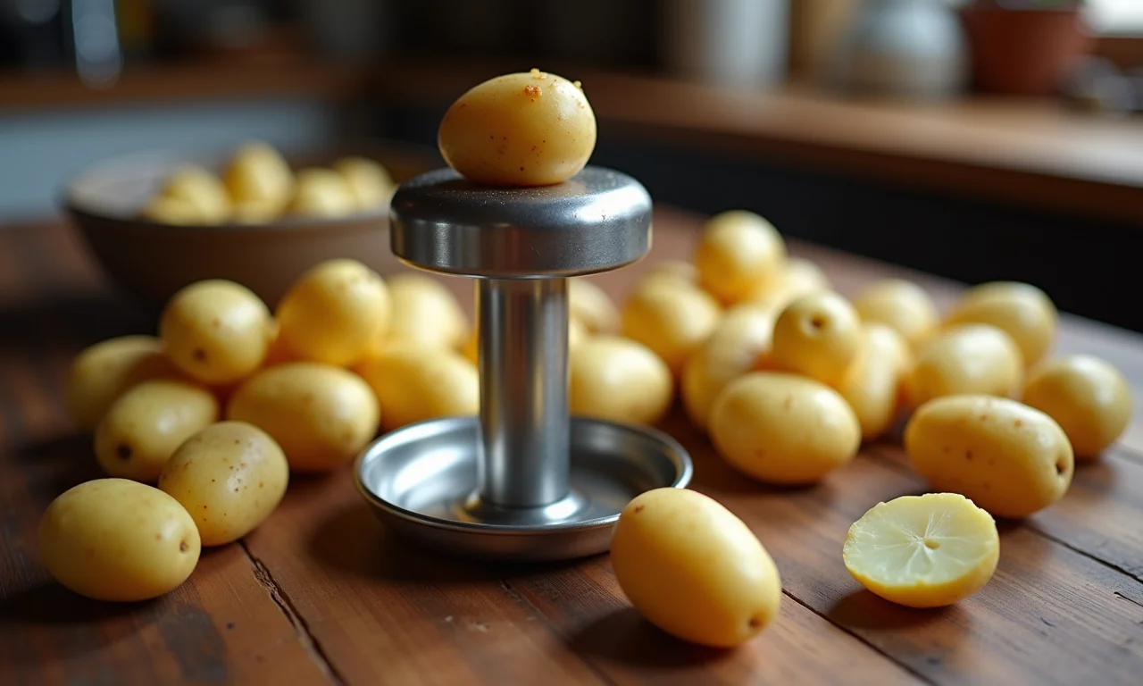 Amassador de batatas com base removível sobre mesa de madeira.