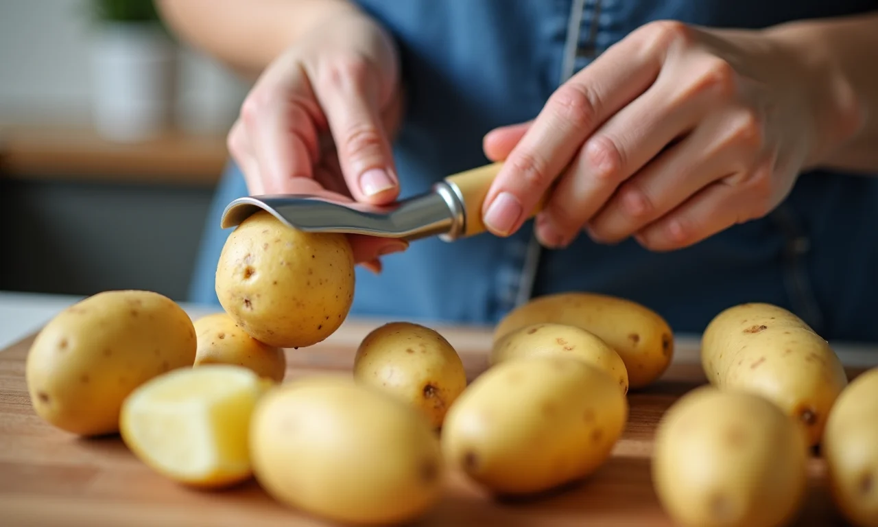 Amassador de batatas com cabo ergonômico sendo usado por mulher.