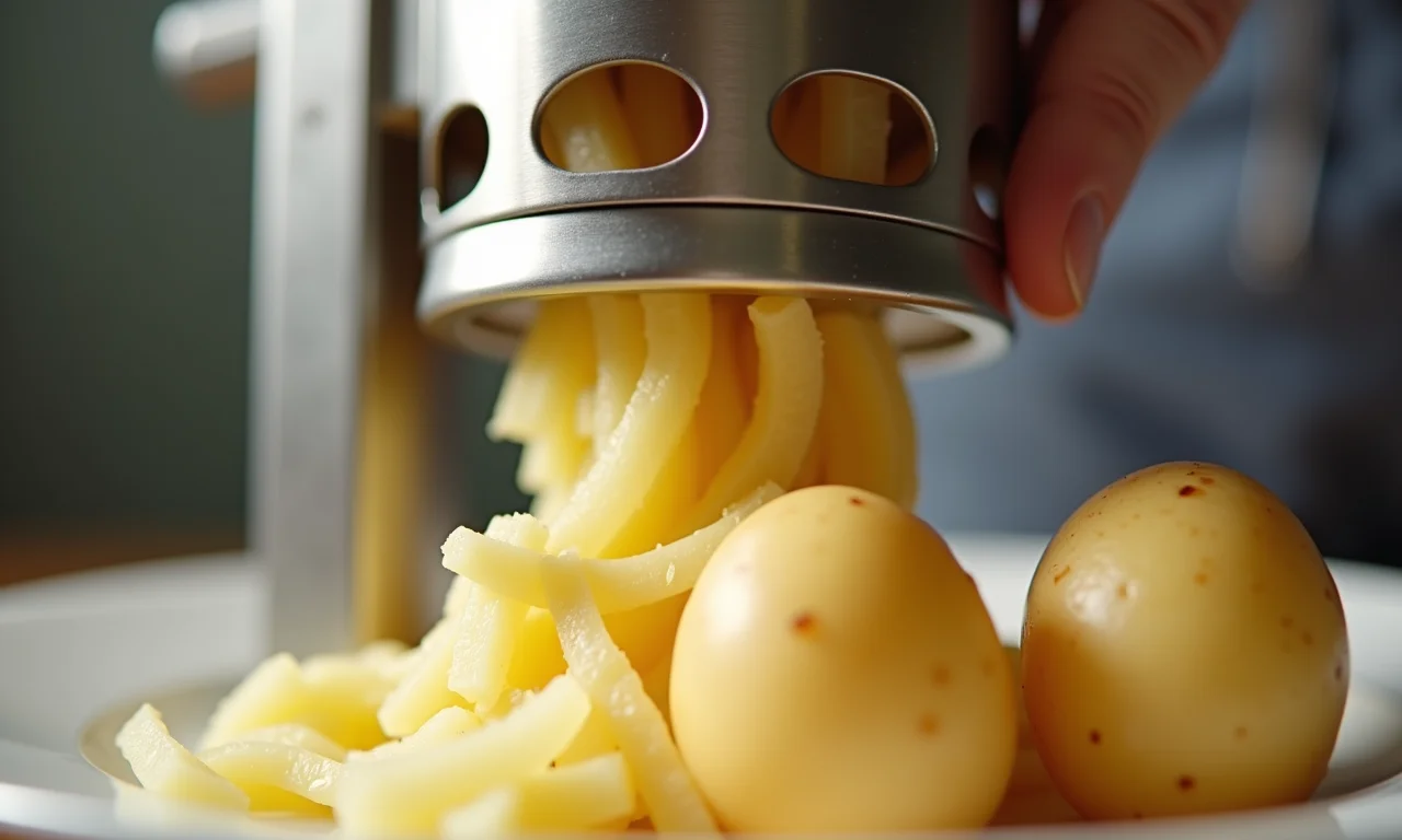 Amassador de batatas tipo espremedor em uso.