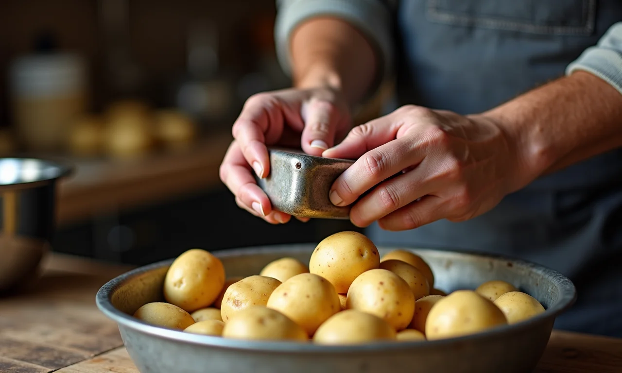 Amassando batatas com amassador tradicional em cozinha rústica.