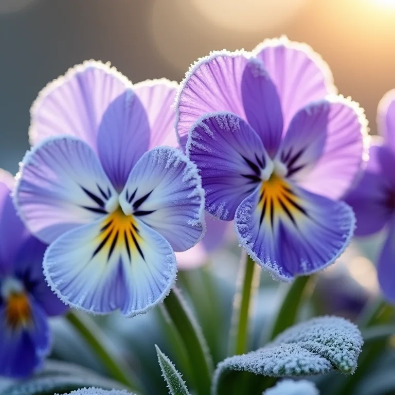 Amor-perfeito roxo e branco com gelo.