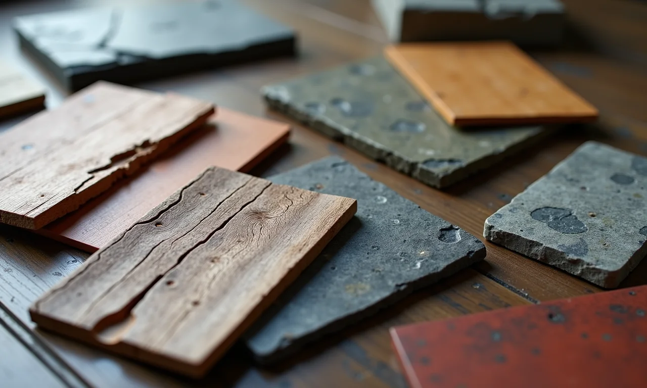 Amostras de cores e materiais (pedra, madeira, ferro) para a decoração de um ambiente Game of Thrones.