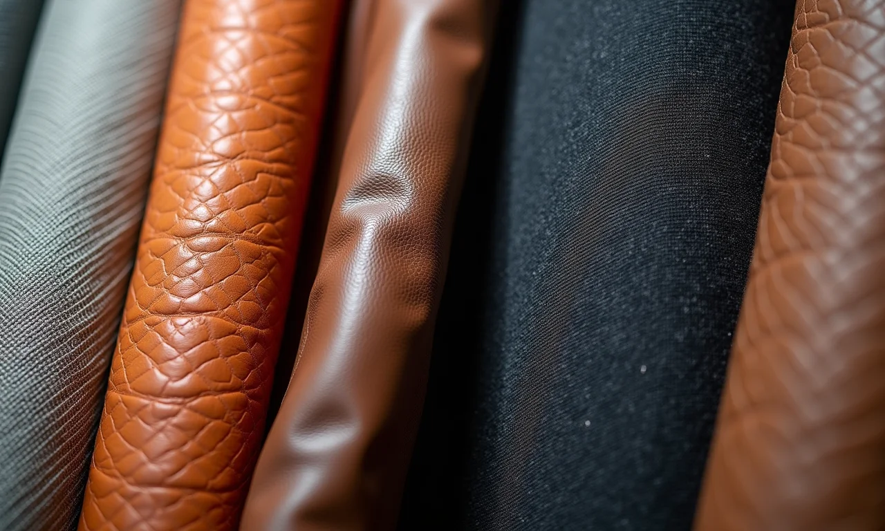 Amostras de diferentes revestimentos para cadeiras: couro, tela mesh e tecido.