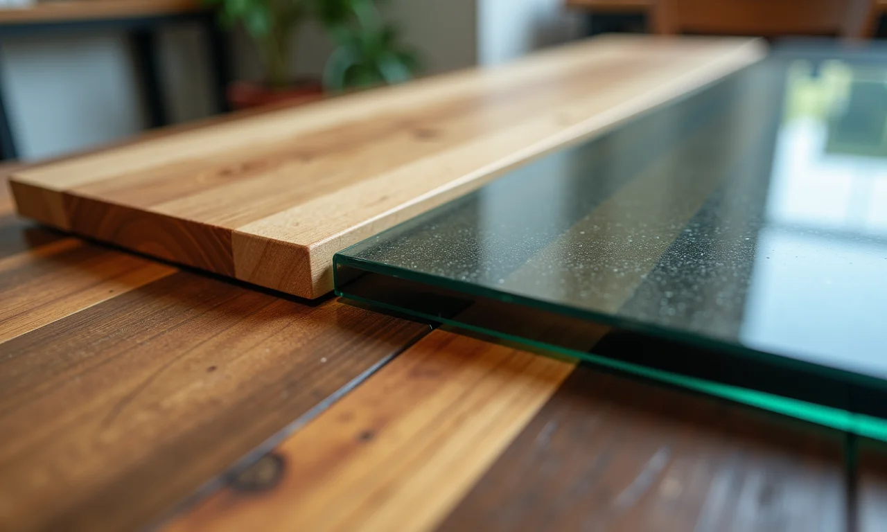 Amostras de materiais de mesas de reunião: madeira, metal e vidro.