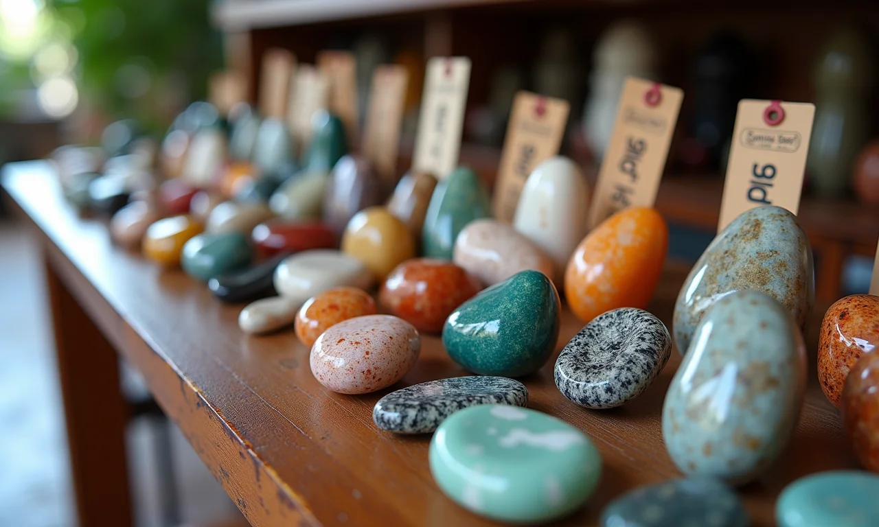 Amostras de pedra Goiás com etiquetas de preço em uma loja.