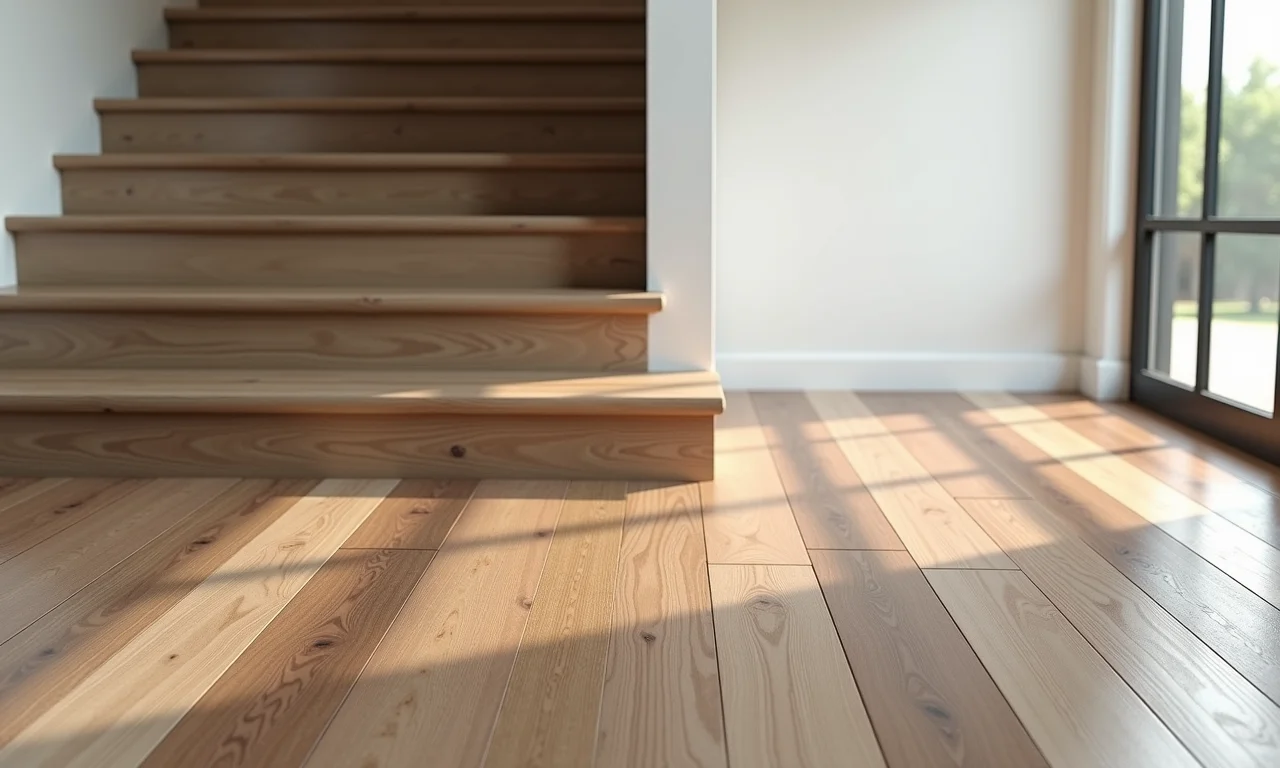 Amostras de piso vinílico em diversas cores e texturas, com escada ao fundo.