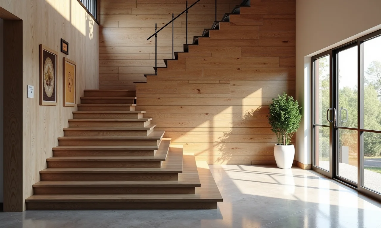 Amostras de revestimentos para escada em estúdio, variedade de materiais e estilos.