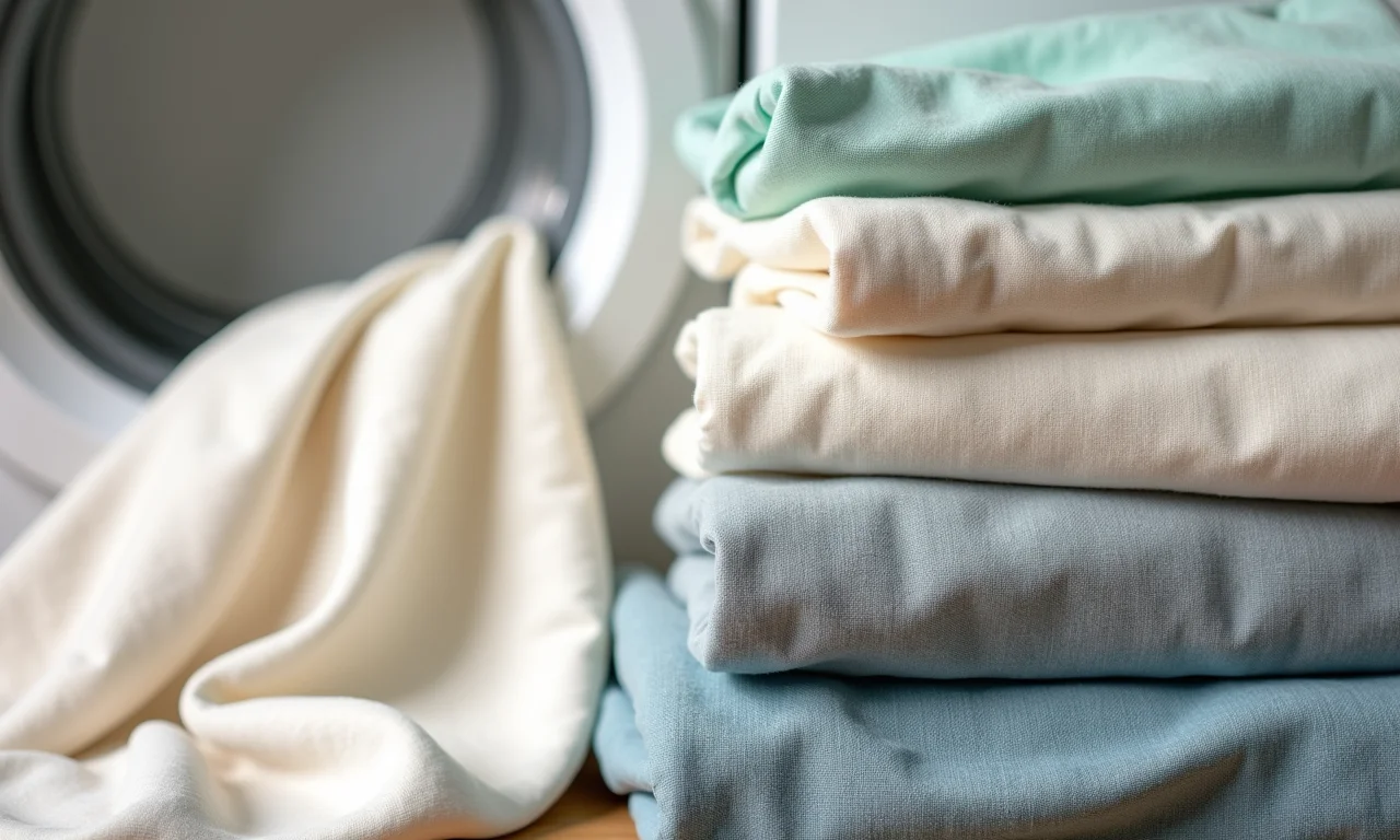 Amostras de tecidos diferentes (algodão, linho, poliéster) perto de uma secadora.