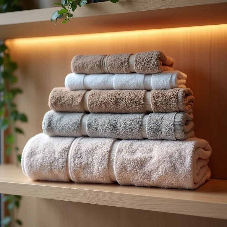 Amostras de toalhas premium em prateleira bem iluminada