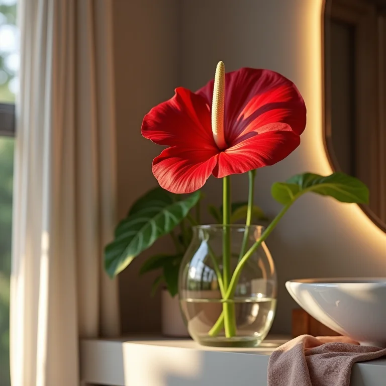 Antúrio vermelho em banheiro boho chic.