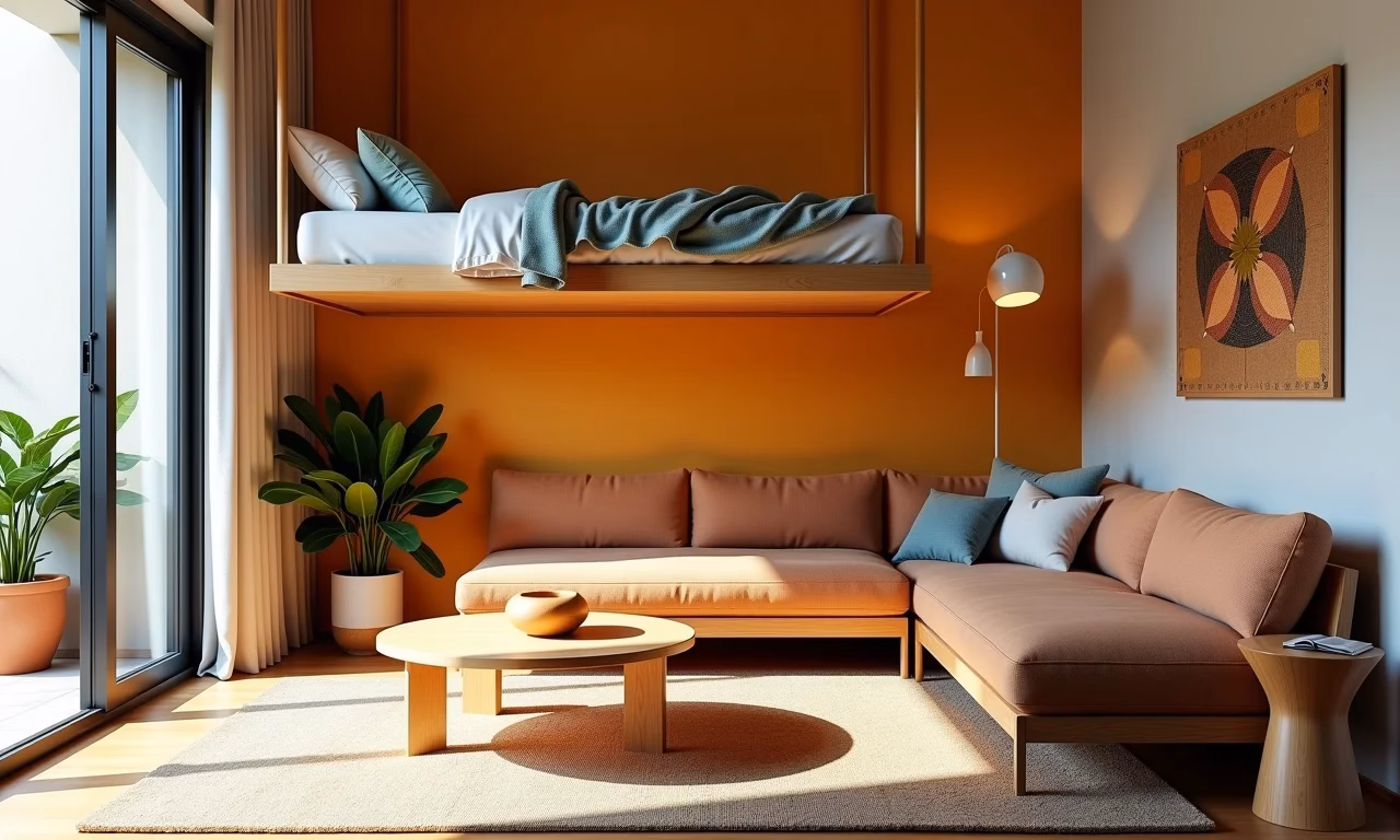 Apartamento moderno com cama suspensa otimizando o espaço.