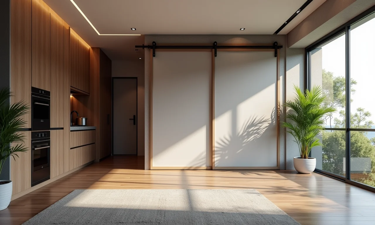 Apartamento moderno com porta de correr embutida, valorizando o imóvel.