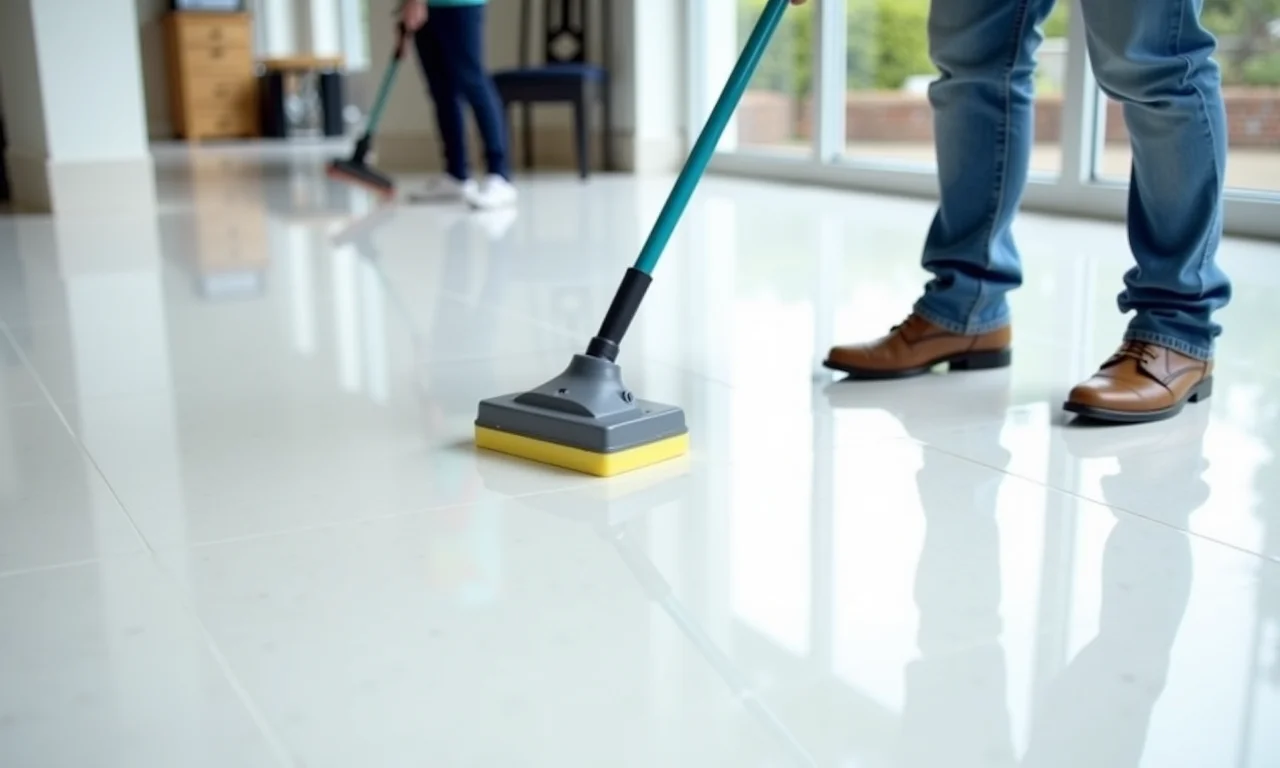 Aplicação de cera acrílica Pisoclean em piso de Granilite para proteção e brilho.