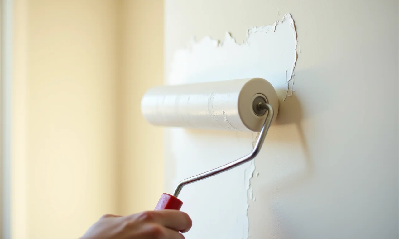 Aplicação de fundo preparador na parede com rolo de pintura.