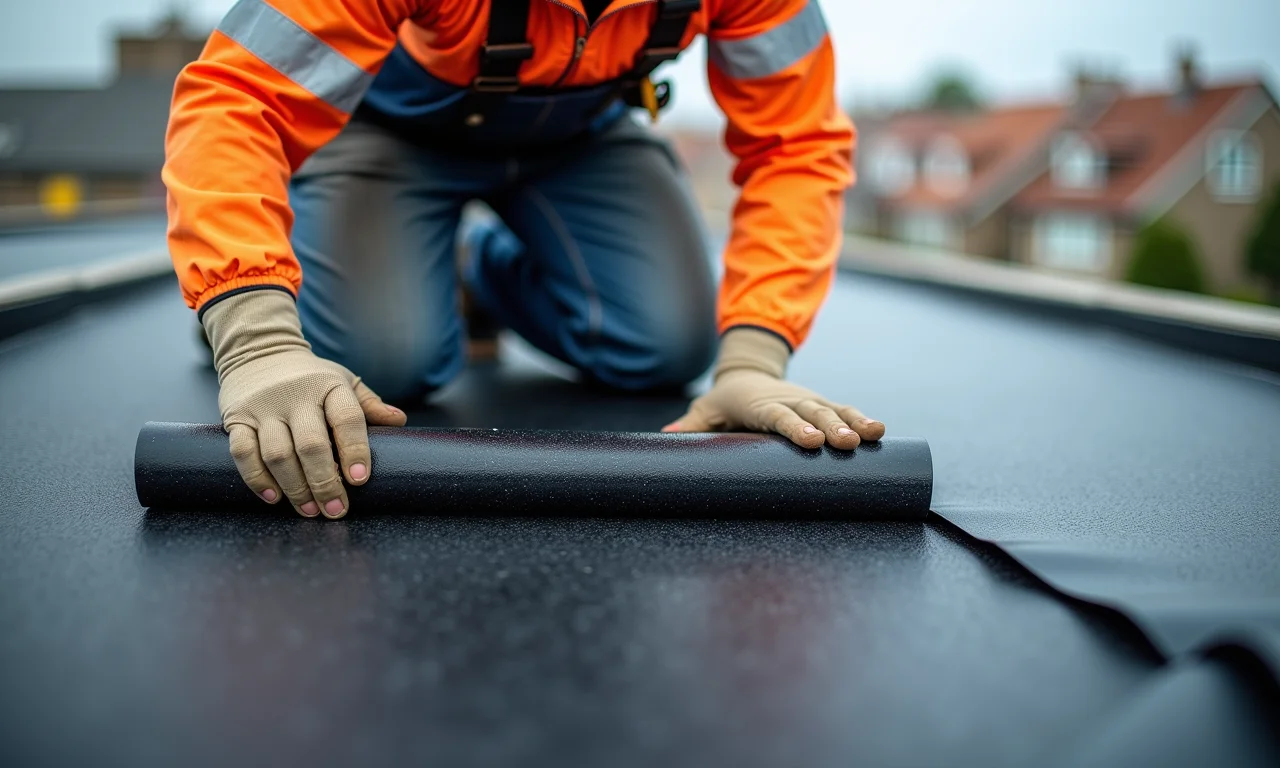 Aplicação de manta asfáltica Vedacit para impermeabilização de telhado.