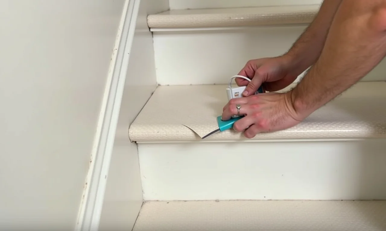 Aplicação de piso vinílico autocolante em escada, fácil e rápida.