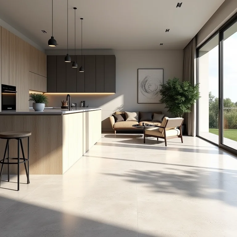 Aplicação versátil de cimento polimérico em cozinha e sala de estar integradas