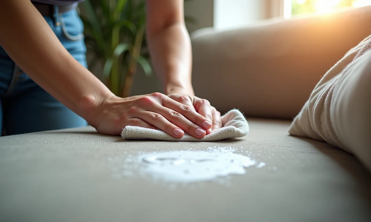 Aplicando receita caseira para limpar mancha no sofá de tecido.