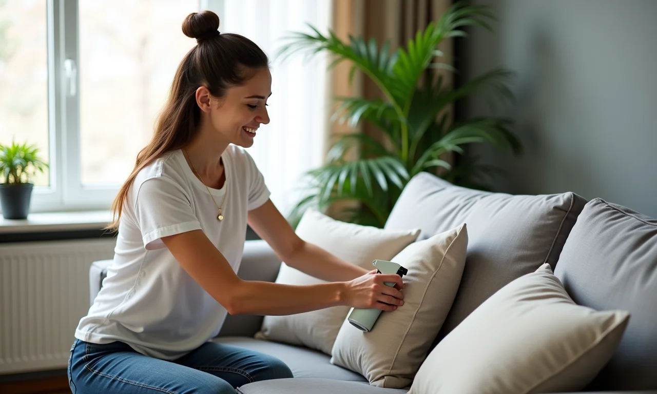 Aplicando spray protetor de tecido para manter o sofá limpo por mais tempo.