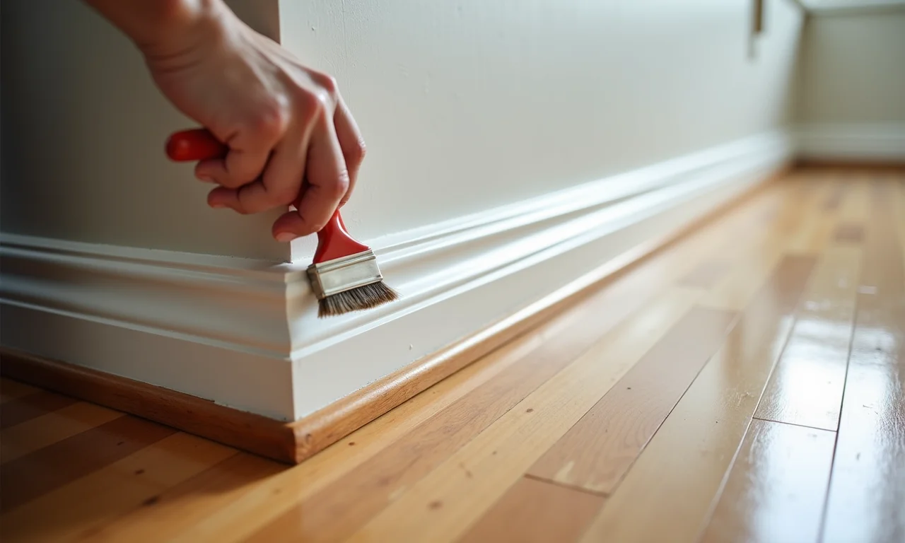 Aplicando verniz para proteção e acabamento do rodapé.