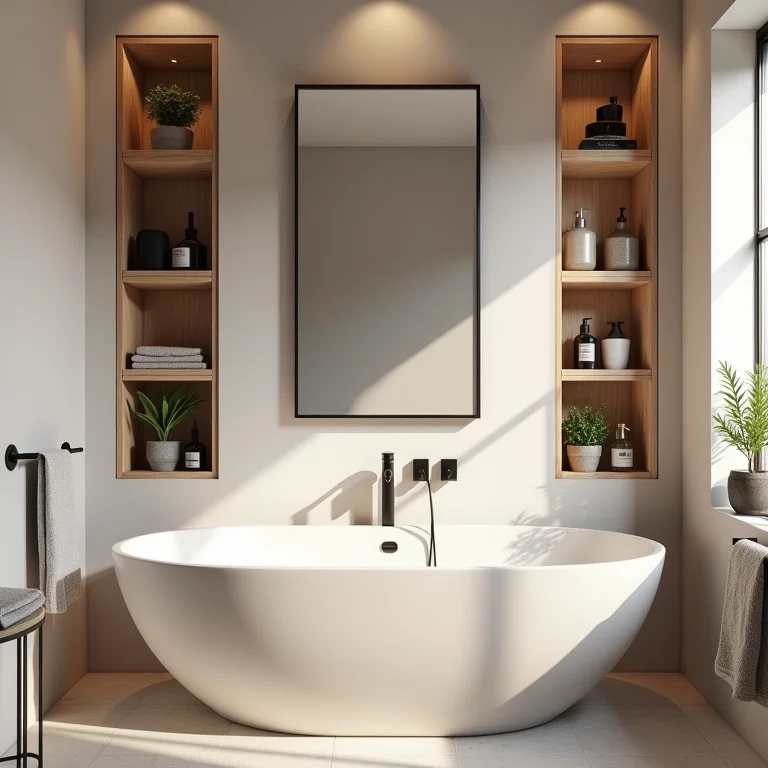 Aproveitamento de espaço com nichos em um banheiro pequeno, mantendo a organização e praticidade.