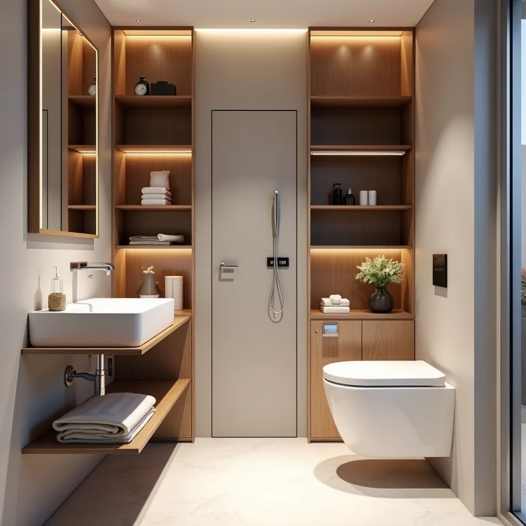 Aproveitamento do espaço vertical em um banheiro pequeno.