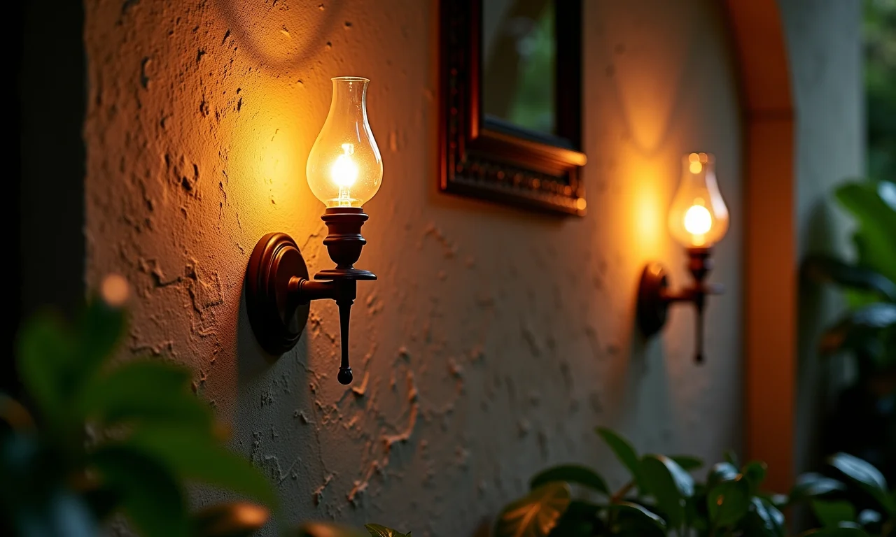 Arandelas elegantes iluminando uma parede texturizada no jardim.