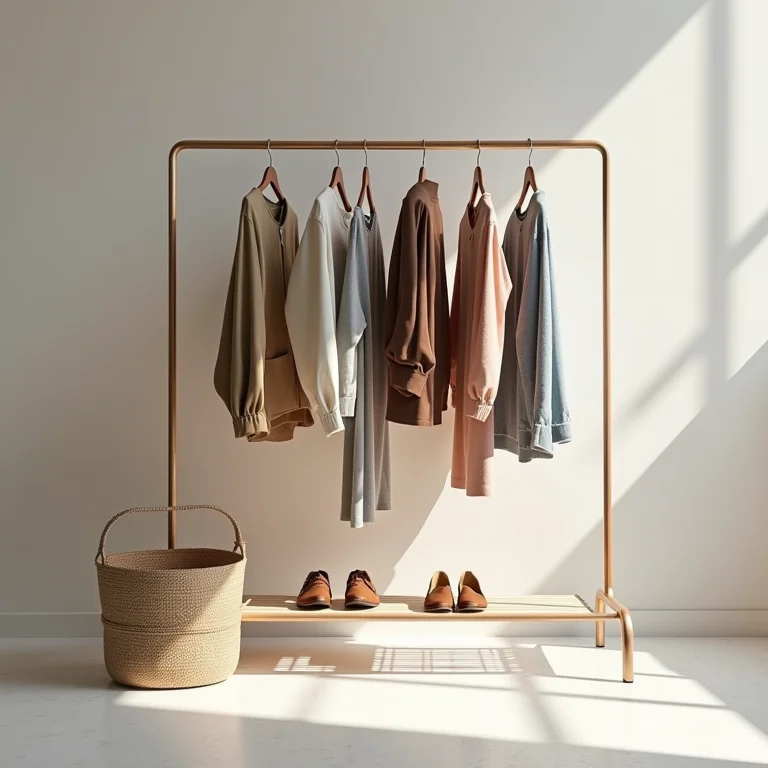 Arara de chão minimalista com roupas estilosas