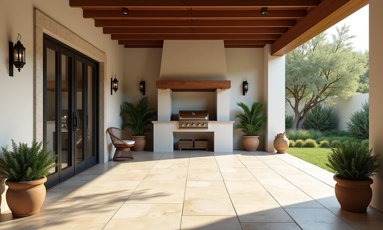 Área de churrasco elegante com piso de porcelanato claro.