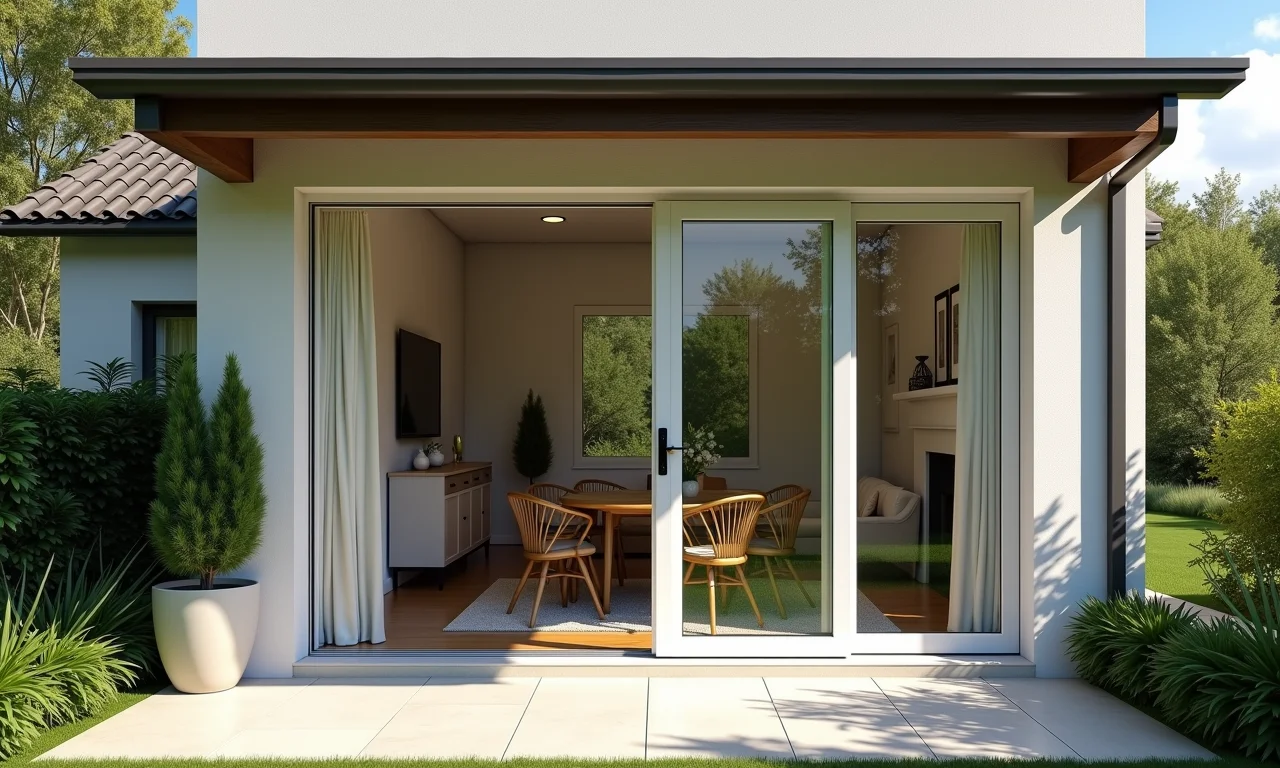 Área externa coberta com porta de alumínio branca.