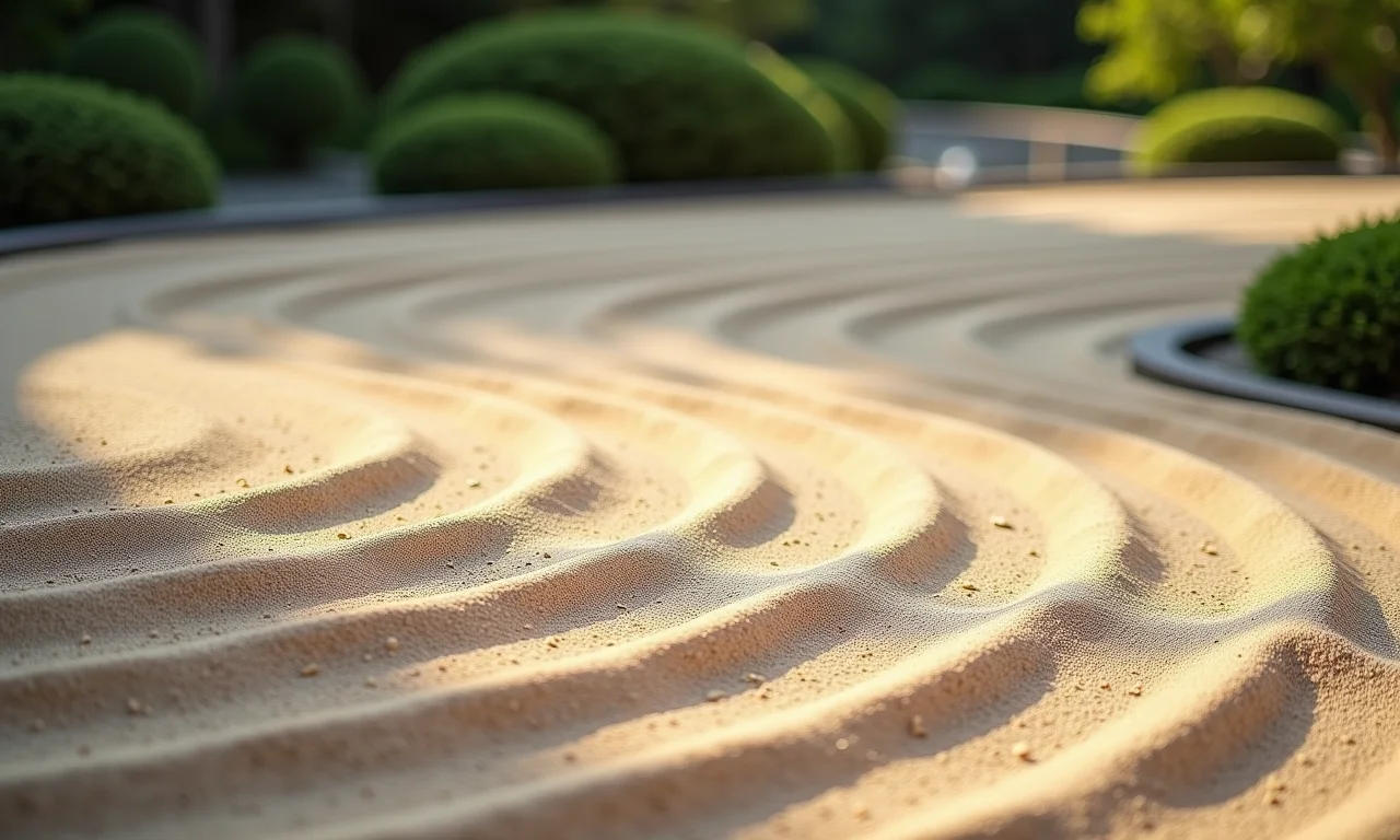 Areia e cascalho (Suna e Jari) rastelados em um jardim Zen com design minimalista.