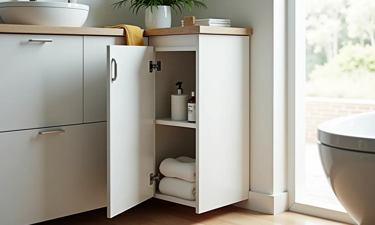 Armário de chão para banheiro com design versátil e acessórios.