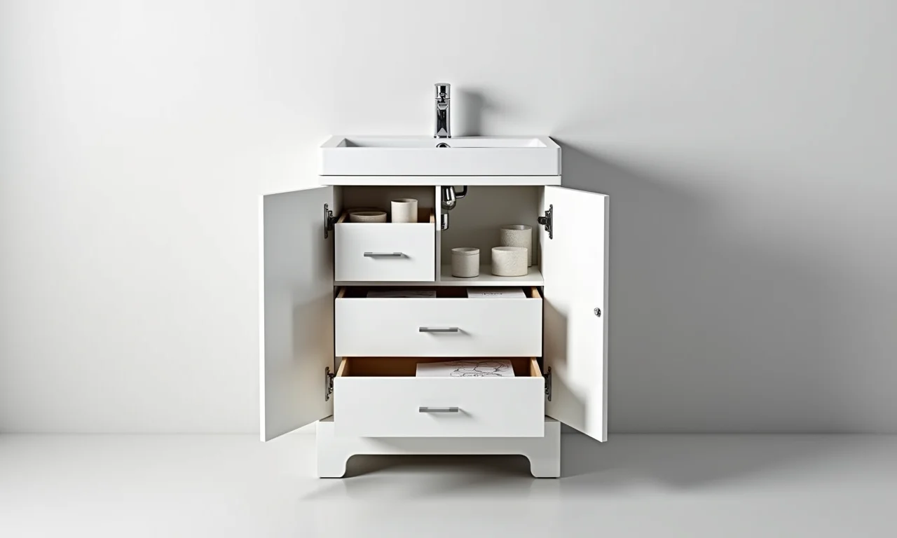 Armário de chão para banheiro com duas portas e três gavetas.