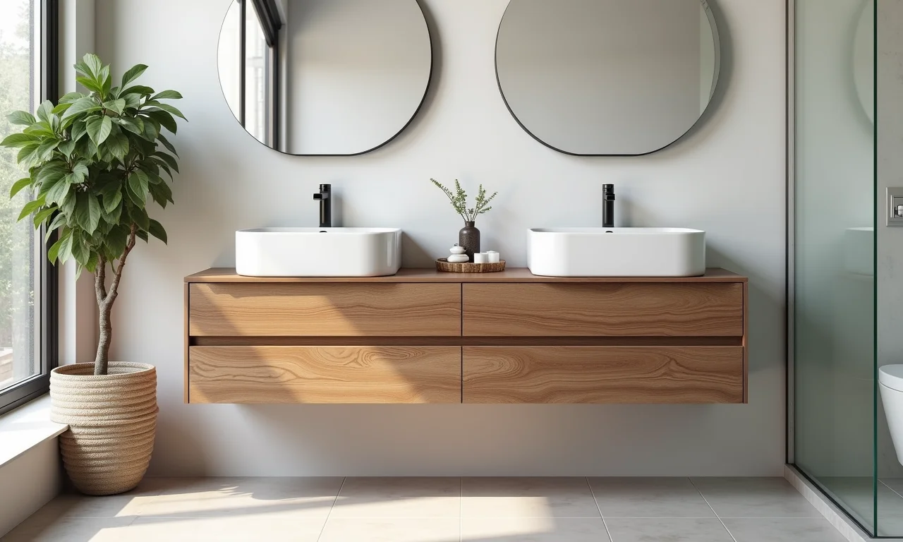 Armário de chão para banheiro feito de madeira sustentável.