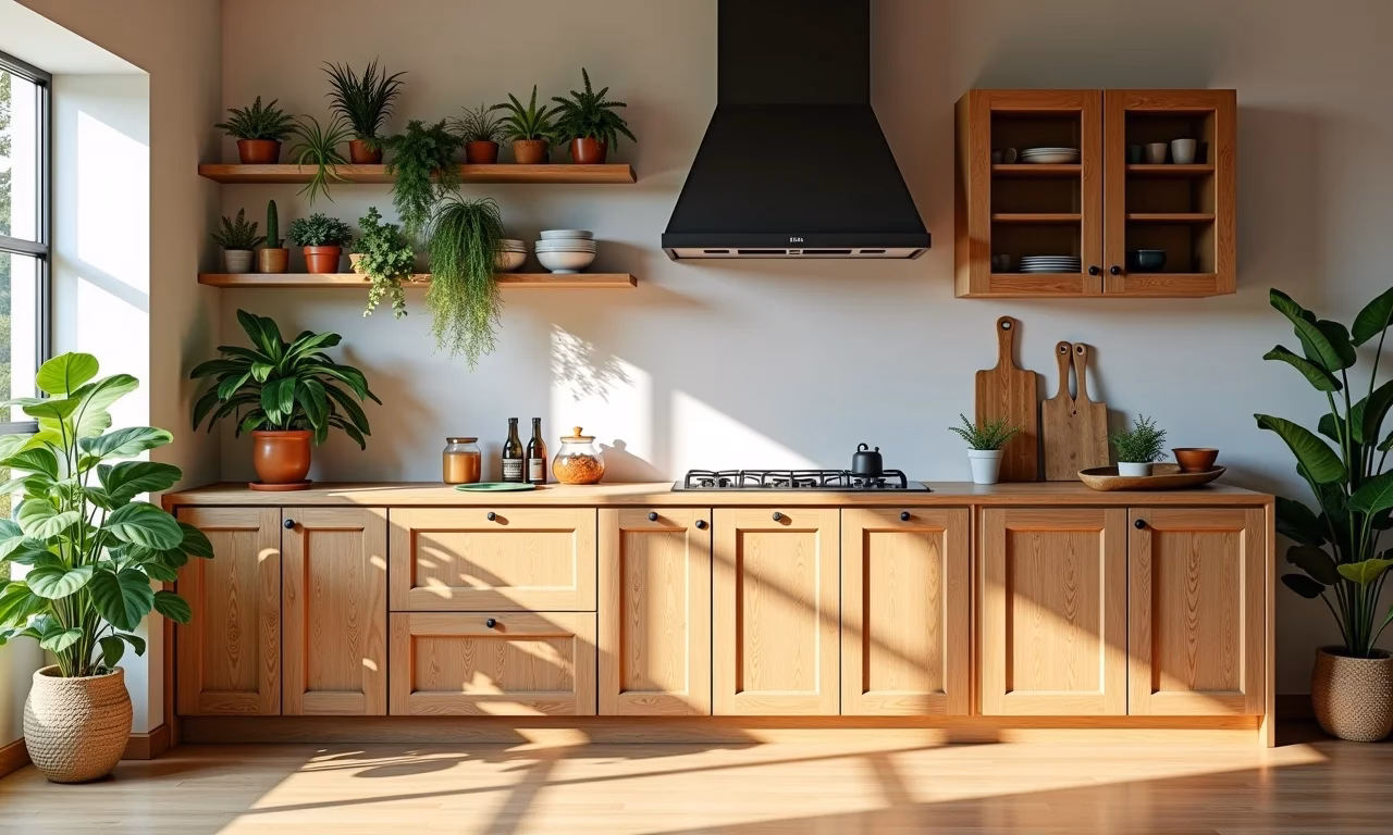 Armário de cozinha feito de pallet em uma cozinha vibrante e charmosa.