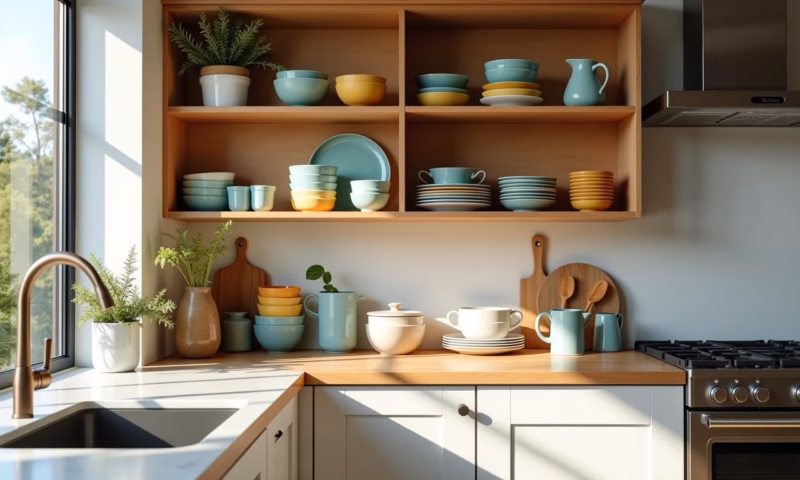 Armário de cozinha organizado com pratos e copos coloridos.